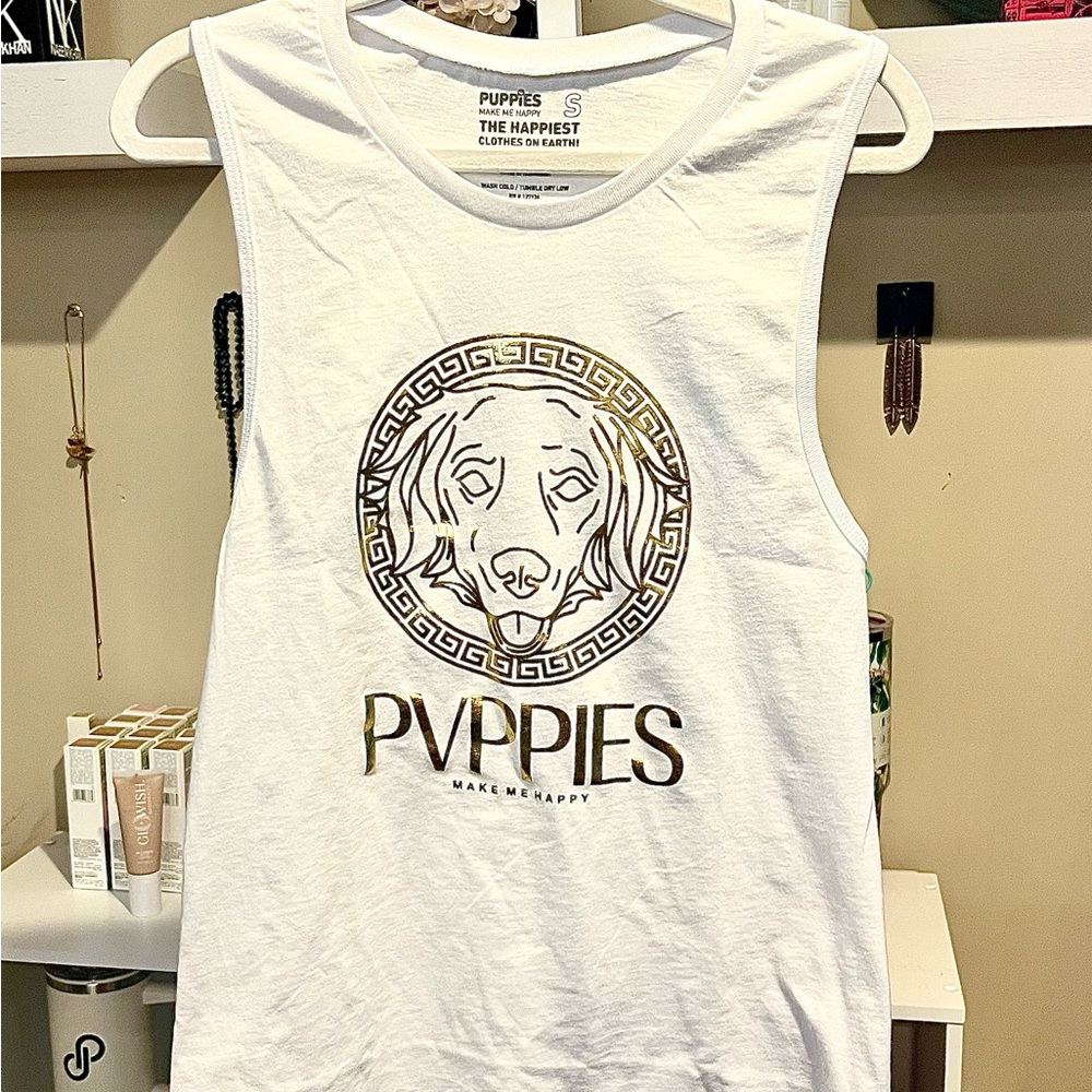 New Puppies Make Me Happy Verdoggie Gold Foil Muscle Tank - Sold Out